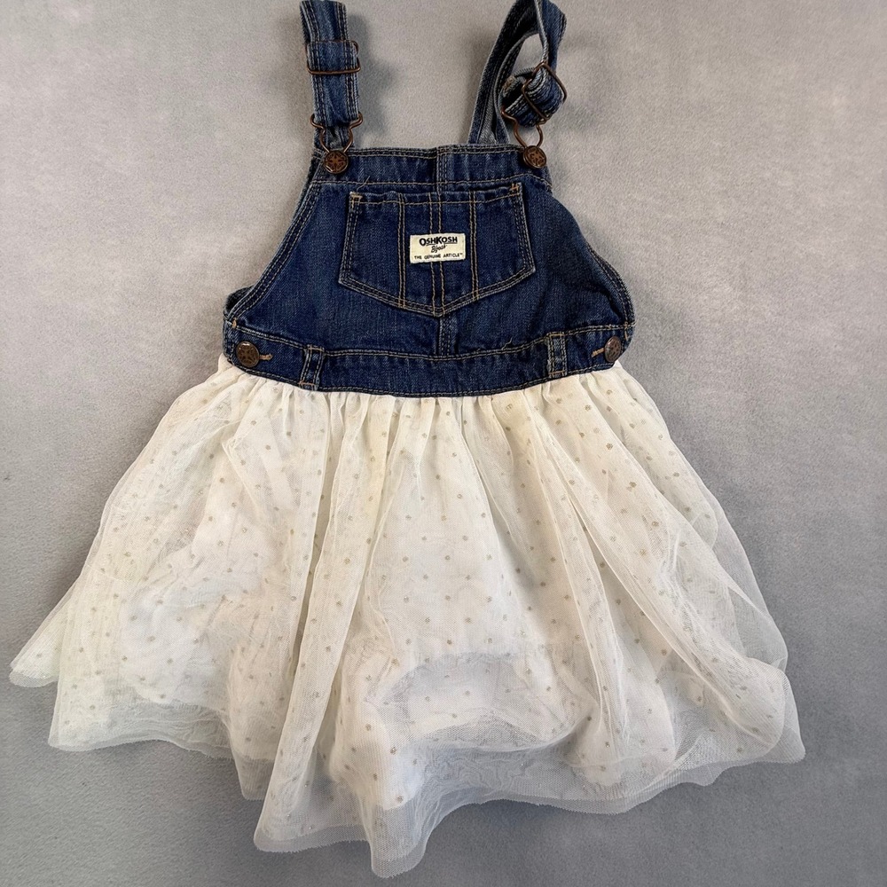 OshKosh B'gosh Girls 5T Denim Tulle Jumper Dress Gold Glitter Polka Dot Bib